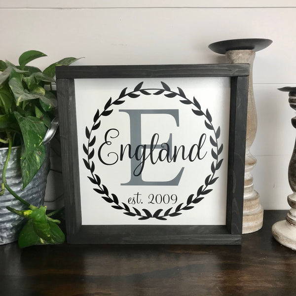 Last Name Intial Established Date Family Sign Farmhouse Style Rustic Decor Wood Framed