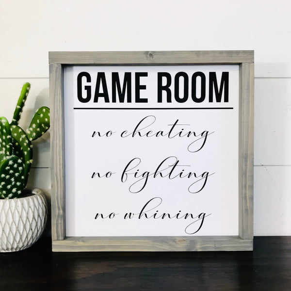 Game Room Sign | No Cheating  No Fighting No Whining | Playroom Decor | Video Game Decor | Framed Canvas Art | Wall or Shelf Sitter   | Boys