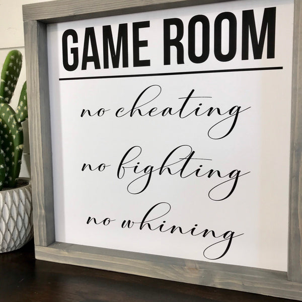 Game Room Sign | No Cheating  No Fighting No Whining | Playroom Decor | Video Game Decor | Framed Canvas Art | Wall or Shelf Sitter   | Boys