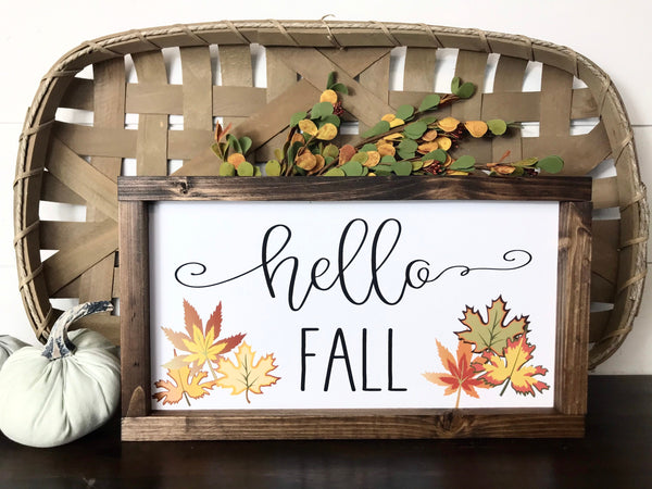 Hello Fall Sign | Framed Canvas | Fall Leaves | Mantle Decor | Season Farmhouse | Autumn Decor | Wood Frame Sign