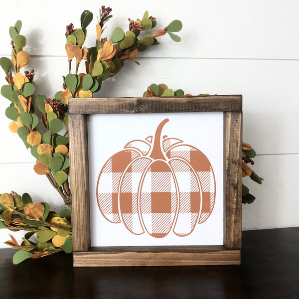 Pumpkin Sign | Fall Decor | October Sign| Plaid Pumpkin Seasonal Decor | Framed Canvas | Autumn Fireplace Mantle