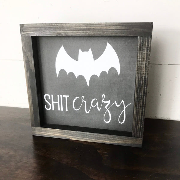 Bat Sign | October Sign| Halloween Seasonal Decor | Framed Canvas | Funny Halloween Sign | Farmhouse Sign | Bat Shit Crazy