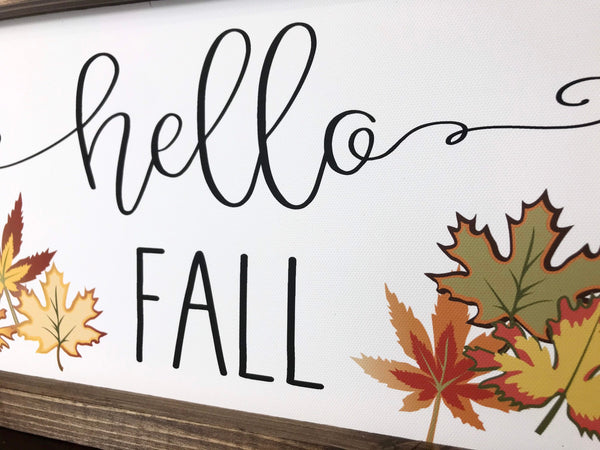 Hello Fall Sign | Framed Canvas | Fall Leaves | Mantle Decor | Season Farmhouse | Autumn Decor | Wood Frame Sign