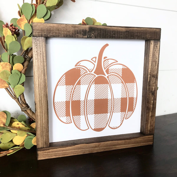 Pumpkin Sign | Fall Decor | October Sign| Plaid Pumpkin Seasonal Decor | Framed Canvas | Autumn Fireplace Mantle