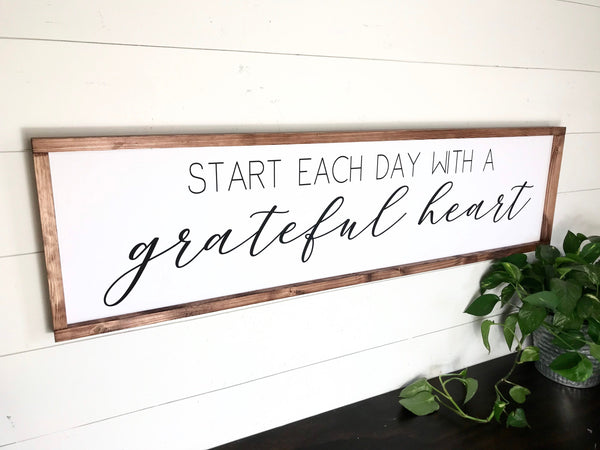 Start Each Day With A Grateful Heart, Farmhouse Wood Framed Canvas, Grateful Sign, Inspirational Decor, Begin each day motivational wall art