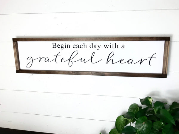 Begin Each Day With A Grateful Heart Sign, Grateful Sign, Start each day, Inspirational Wood Framed Canvas, Motivational Decor Farmhouse Art