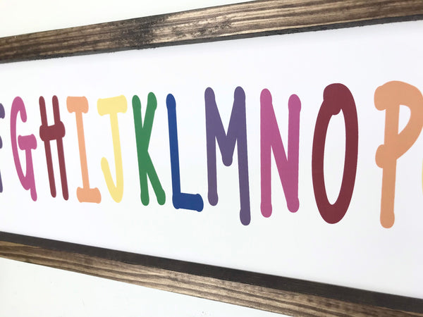 Alphabet Wall Art for Play Room, Kids Playroom ABC’s Decor, Toddler Girls Boys, Educational, Homeschool Canvas Sign, Wood Frame Farmhouse