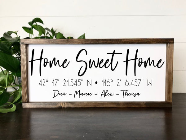 Home Sweet Home Sign Coordinates Family Name,  Home buyer Gift, Housewarming Present, Real Estate Agent Closing Gift, Mantle Decor