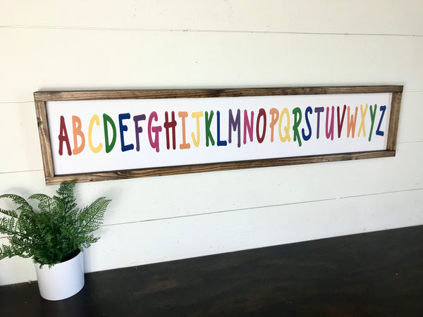 Alphabet Wall Art for Play Room, Kids Playroom ABC’s Decor, Toddler Girls Boys, Educational, Homeschool Canvas Sign, Wood Frame Farmhouse