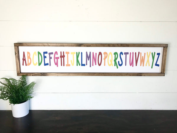 Alphabet Wall Art for Play Room, Kids Playroom ABC’s Decor, Toddler Girls Boys, Educational, Homeschool Canvas Sign, Wood Frame Farmhouse