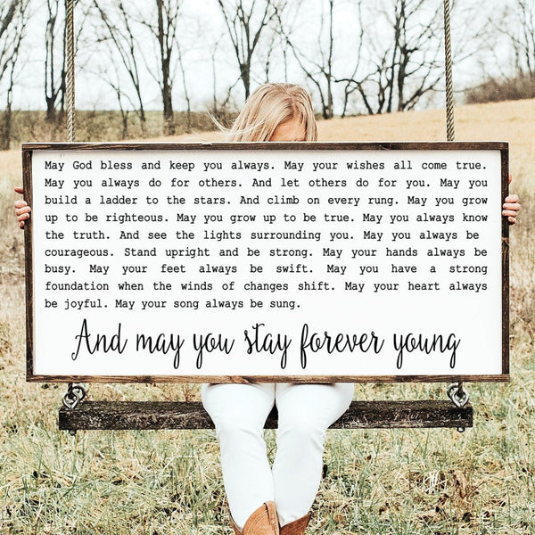 Forever Young Sign, Bob Dylan Rod Stewart Wall Decor Wood Framed Canvas Sign, Playroom, Nursery, Graduation, Wedding Song