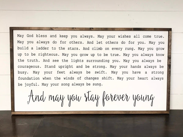 Forever Young Sign, Bob Dylan Rod Stewart Wall Decor Wood Framed Canvas Sign, Playroom, Nursery, Graduation, Wedding Song
