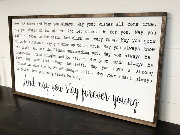 Forever Young Sign, Bob Dylan Rod Stewart Wall Decor Wood Framed Canvas Sign, Playroom, Nursery, Graduation, Wedding Song