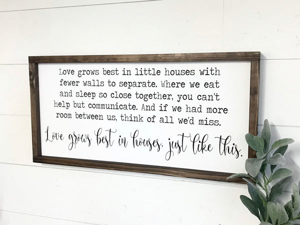 Love Grows Best In Little Houses Sign, Wood Framed Canvas, Farmhouse Sign, Entryway Decor, Family Room Sign,Minimalist Art