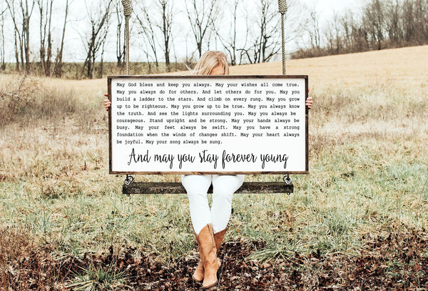 Forever Young Song Lyric Quote Bob Dylan Sign Farmhouse Rustic Bedroom Wall Decor Wood Framed Playroom Childs Room Art, Nursery, Graduation