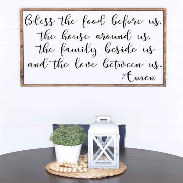 Bless the Food before us, this Home around us, the Family beside us, and the love between us Farmhouse Style Rustic Decor Wood Framed Dining