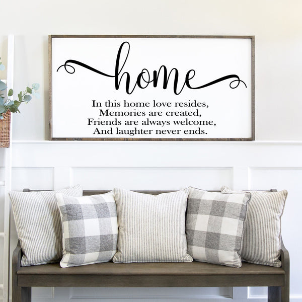 In this home love resides, memories are created, we always belong and laughter never ends Farmhouse Style Rustic Decor Wood Framed Sign