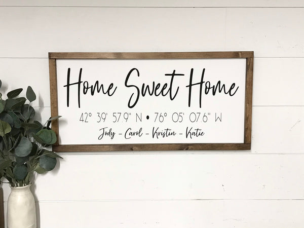 Home Sweet Home Sign Coordinates Family Name,  Home buyer Gift, Housewarming Present, Real Estate Agent Closing Gift, Mantle Decor