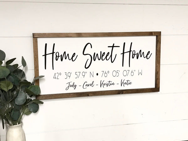 Home Sweet Home Sign Coordinates Family Name,  Home buyer Gift, Housewarming Present, Real Estate Agent Closing Gift, Mantle Decor