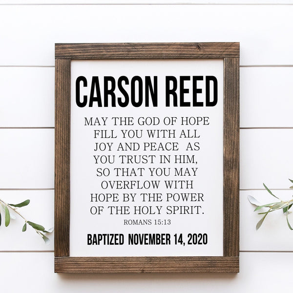 May the God of Hope Bible Verse Sign, Baptism Gift, Scripture Wall Art, Christening gift, First Communion, Romans 15:13, Framed Canvas