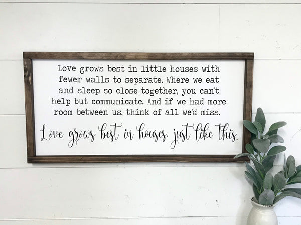 Love Grows Best In Little Houses Sign, Wood Framed Canvas, Farmhouse Sign, Entryway Decor, Family Room Sign,Minimalist Art