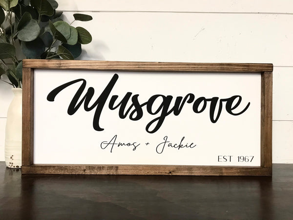 Last Name Established Date Sign, Mr and Mrs Name Sign, Anniversary Present, Wedding Gift, Housewarming, Framed Canvas Farmhouse Sign