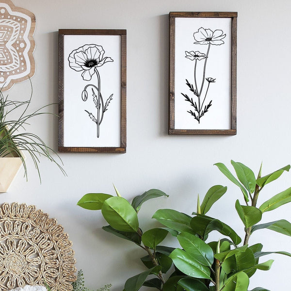 Flower Wall Art, Botanical Farmhouse Sign, Minimalist Decor, Framed Canvas Sign, Poppy Sign