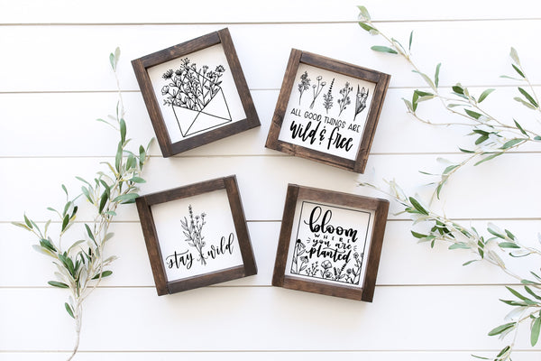 Farmhouse Mini Flower Sign, Floral Decor, Mini Tiered Tray, Wild & free, stay wild, bloom where you are planted, Wildflower Room, Grow Happy