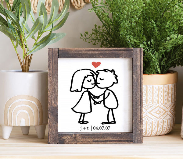 Couple Stick Figure Kissing Sign, Mini Personalized Intial & Date, Couple Hand Holding Print, Wedding Gift, Love Sign, Valentine Tierd Tray