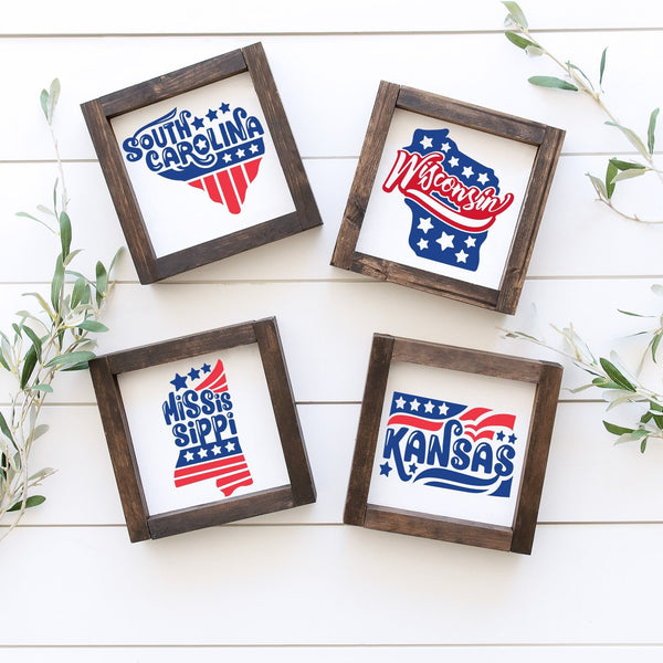 July 4th State Mini Wood Framed Signs, July Forth Tiered Tray, Red White Blue Decor, Happy 4th of July, Indepenance Day, Farmhouse Seasonal