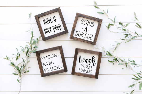 Farmhouse Mini Bathroom Sign, Sign Humor, Kids Bathroom, Guest Bath, Half Bathroom Decor, Get Naked, Have a nice poop, Wash Hands, Best Seat