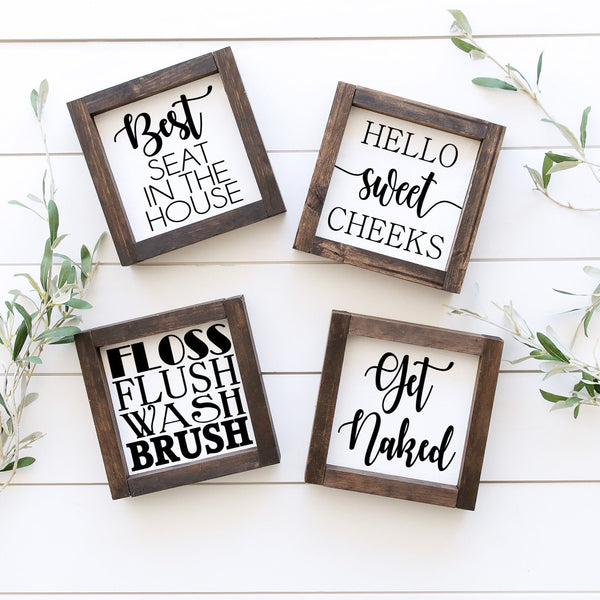 Farmhouse Mini Bathroom Sign, Sign Humor, Kids Bathroom, Guest Bath, Half Bathroom Decor, Get Naked, Have a nice poop, Wash Hands, Best Seat