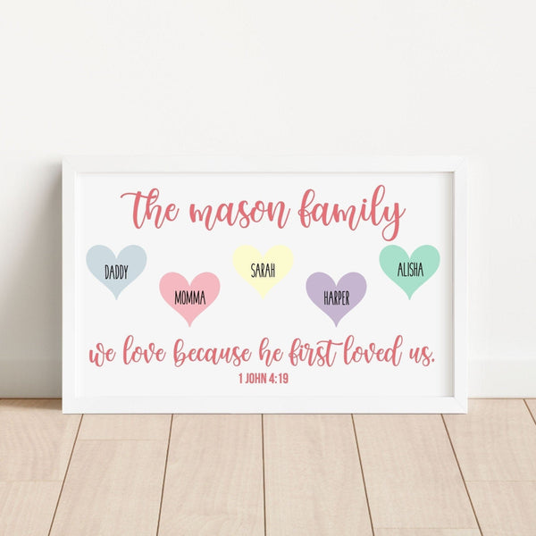 Family Valentines Name Sign, Personalized Hearts, Last Name Family Sign, We Loved Because He First Loved Us, 1 John 4 19, Bible Verse Sign