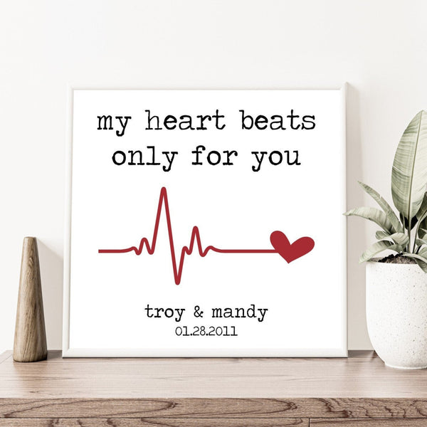 My heart beats only for you Framed Sign, Valentines Day Gift for Her, Gift for Wife, Husband Wife Name Sign, Valentine's Day Sign Decor