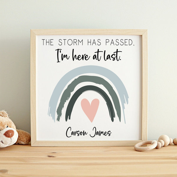 The storm has passed, I'm here at last, Personalized Rainbow Baby Sign, Announcement, IVF Baby Shower Gift, Gender Neutral, Boho Nursery
