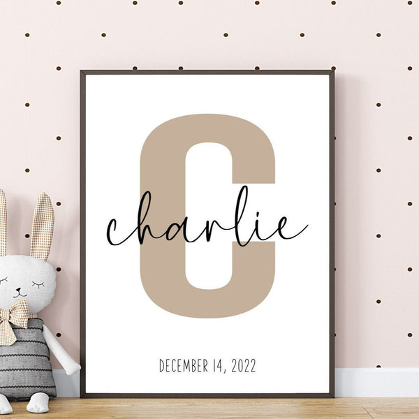 Custom Initial Name Print, Personalized Nursery Sign, New Baby Gift, Gender Neutral, Boho Nursery, Modern Decor, Minimalist Nursery
