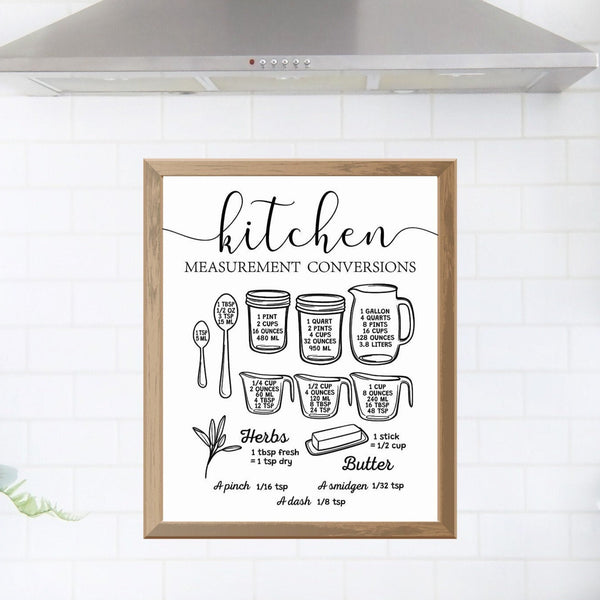 Kitchen Conversion Sign, Kitchen Measurement Print, Simple Kitchen Conversion Chart, Kitchen Guide, Measurement chart, Cooking Cheat Sheet