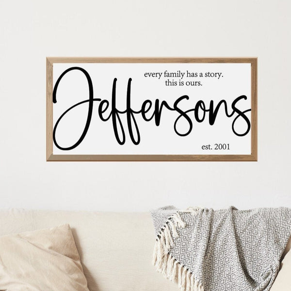 Last Name Sign, Every family has a story This is ours, Personalized Family Name Sign with Established Date, Large Living Room Decor, Print
