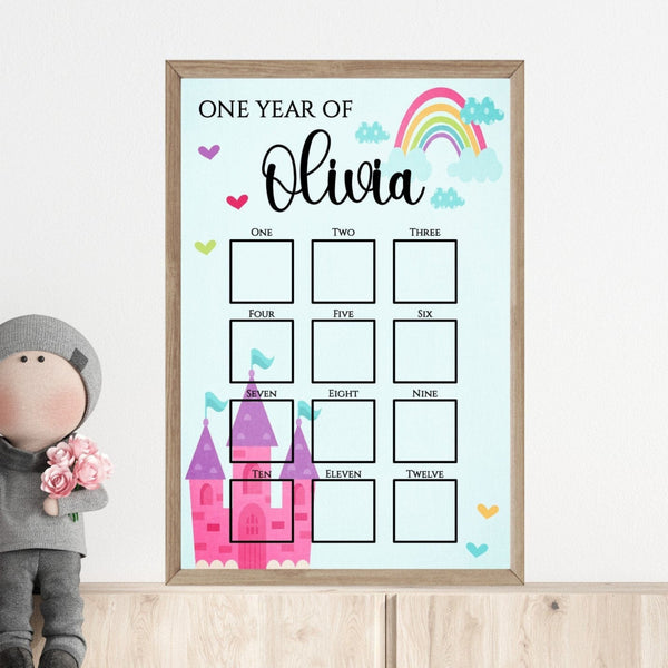 Milestone Photo Display Board for First Birthday Party, Baby Monthly Photo Sign for Baby Girls, One Year Of Pictures, Princess Castle Party