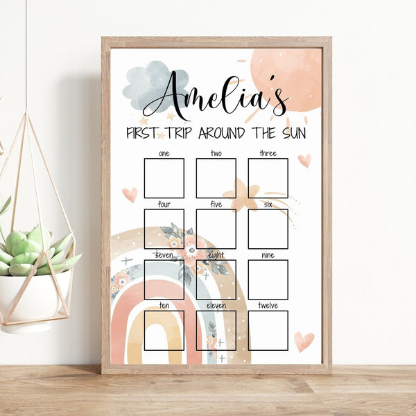 Baby's First Year Rainbow Boho Sign, 1st Brithday Picture Display, 12 Months of Photos, First trip around the sun, Milestone Photo Display