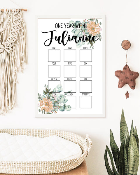 My First Year Photo Sign, Boho Floral Year Of Photo Montly Picture Sign, Baby 1st Birthday Wood Sign, Floral 1st Birthday Decor
