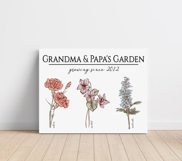 Grandma's Garden Wall Art, Mothers Day Gift, Gift for Grandma, Gift for Mom, Personalized Birth Month Flowers, Custom GrandKids Names