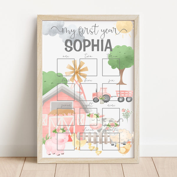 Pink Farm Birthday Decor, My First Year Photo Sign, Girl Farm Animal Birthday Year Of Photo Montly Picture Sign, Baby 1st Birthday Wood Sign