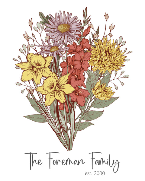 Birth Flower Bouquet, Birth Month Flower Wall Art, Mothers Day Gift, Gift for Grandma, Gift for Mom, Personalized Birth Flowers