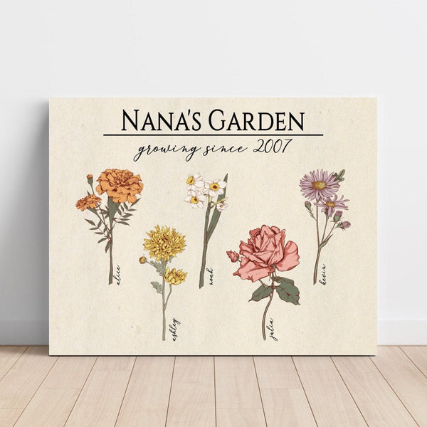 Grandma's Garden Wall Art, Mothers Day Gift, Gift for Grandma, Gift for Mom, Personalized Birth Month Flowers, Custom GrandKids Names