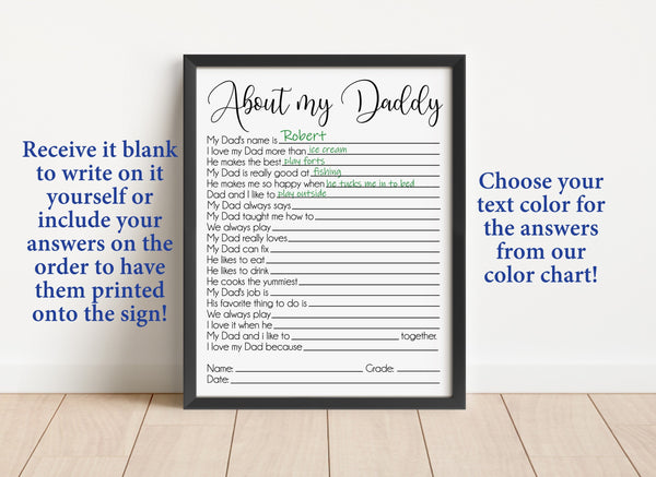 About my Daddy Sign, Personalized Father's Day Gift from Child, Fill in the blank Father's Day Print, Dad Gift, Questionnaire for Kids