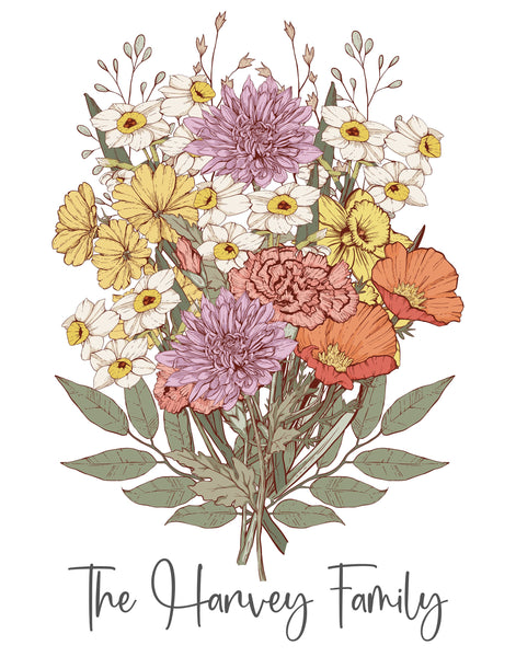 Birth Flower Bouquet, Birth Month Flower Wall Art, Mothers Day Gift, Gift for Grandma, Gift for Mom, Personalized Birth Flowers