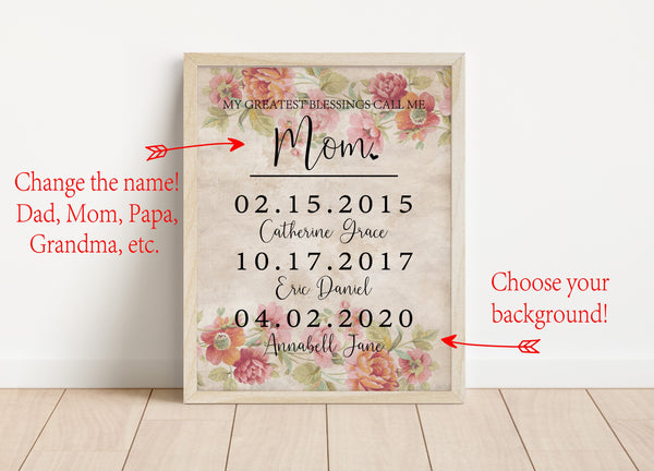 Mother's Day Gift, My Greatest Blessings Call me, Personalized Gift for Mom, Dad, Papa, Family Name Sign, Gift for Husband, Grandparents