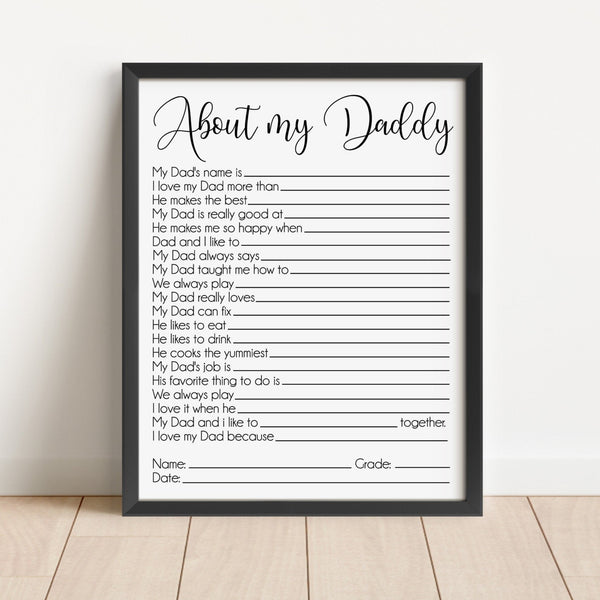 About my Daddy Sign, Personalized Father's Day Gift from Child, Fill in the blank Father's Day Print, Dad Gift, Questionnaire for Kids