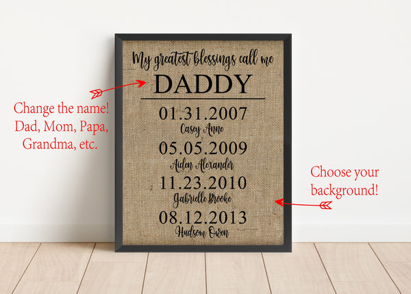 Father's Day Gift, My Greatest Blessings Call me, Personalized Gift for Dad, Papa, Family Name Sign, Gift for Husband, Grandparents Gift